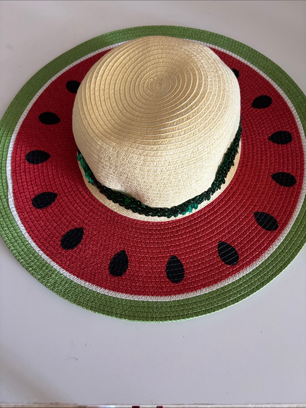 Straw Watermelon Sun Hat with Green Sequin Band